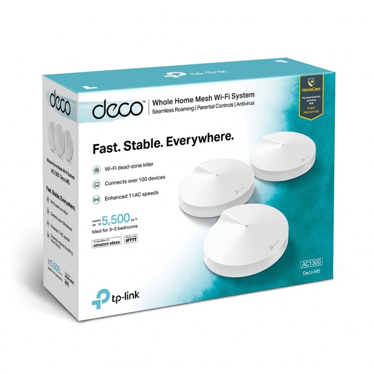 Imagine AC1300 Sistem Mesh Wi-Fi Gigabit pentru întreaga casa, TP-LINK Deco M5(3-PACK)