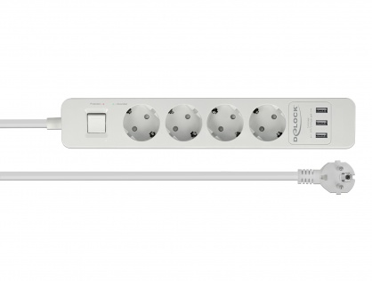 Prelungitor cu protectie 4 prize 16A si 3 x USB 5V/2.4A 1.5m Alb, Delock 11206